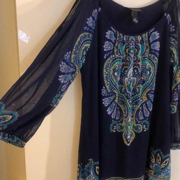 INC Navy Lined Cold Shoulder Paisley Pheasant Top NWOT - Picture 2 of 9